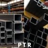 Perfiles PTR de acero apilados, con secciones cuadradas y rectangulares.