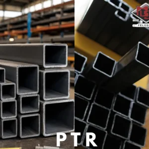 Perfiles PTR de acero apilados, con secciones cuadradas y rectangulares.